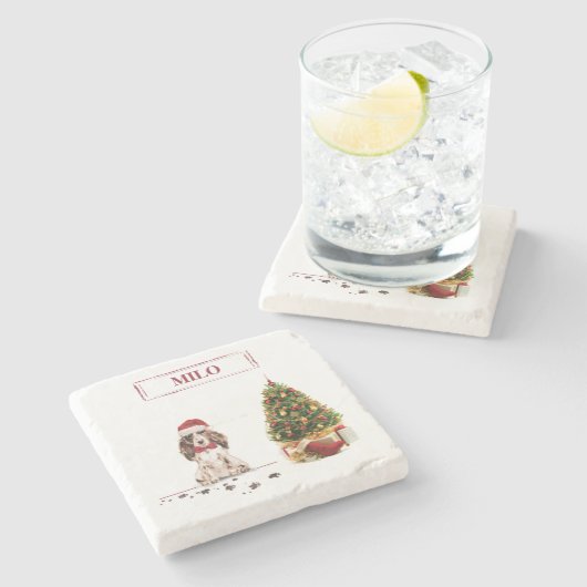 Bruine Cocker Spaniel Funny Kersthond met boom Stenen Onderzetter (Zijkant)