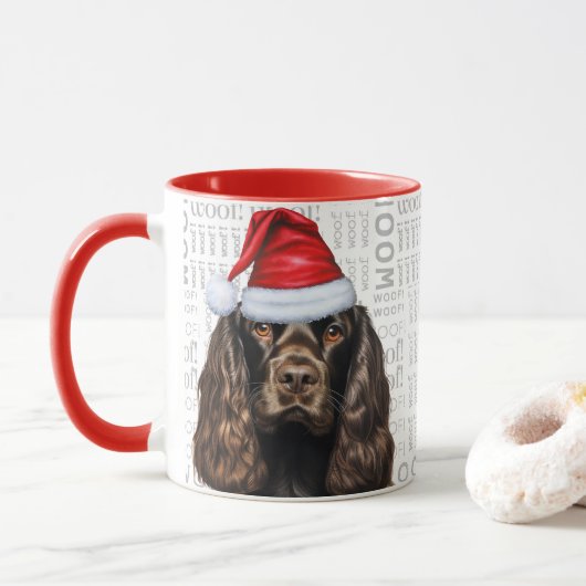 Bruine Cocker Spaniel Hond Kerstman Woof Kerstmis Mok (Met donut)