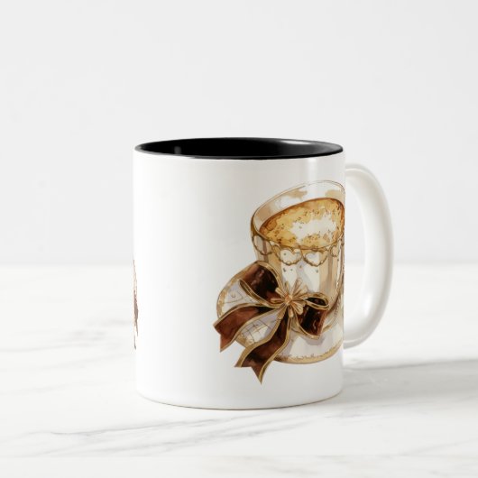 Bruine coquette hete koffie illustratie tweekleurige koffiemok (Voorkant rechts)