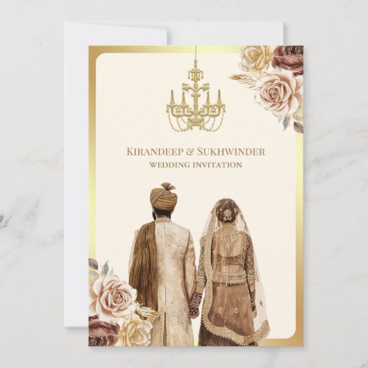 Bruine Cream Rozen Bloemen Anand Karaj Sikh Bruilo Kaart (Voorkant)