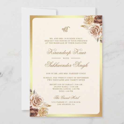 Bruine Cream Rozen Bloemen Anand Karaj Sikh Bruilo Kaart (Achterkant)