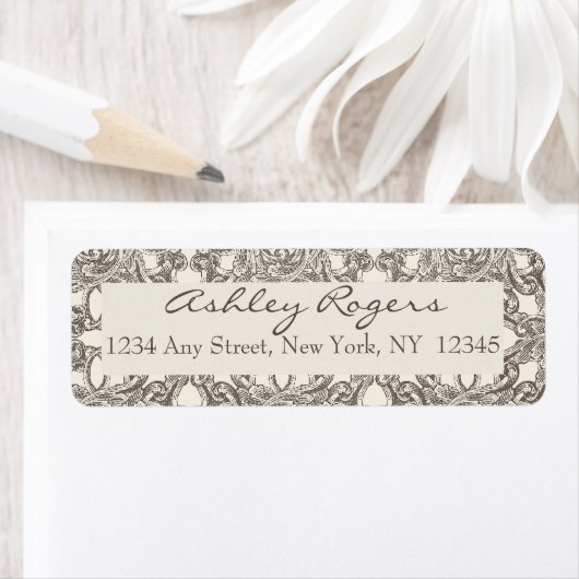 Bruine Crème Damask Bruiloft Retouradres Labels (Insitu)
