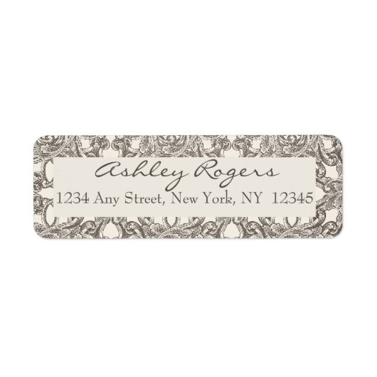 Bruine Crème Damask Bruiloft Retouradres Labels (Voorkant)