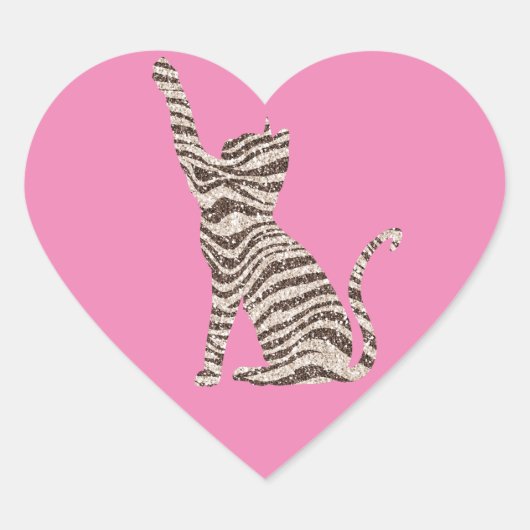 Bruine Crème Glitter Strepen Kat Hart Sticker (Voorkant)