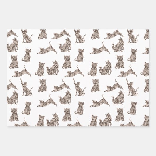 Bruine Crème Glitter Strepen Kat Inpakpapier Vel (Voorkant 3)
