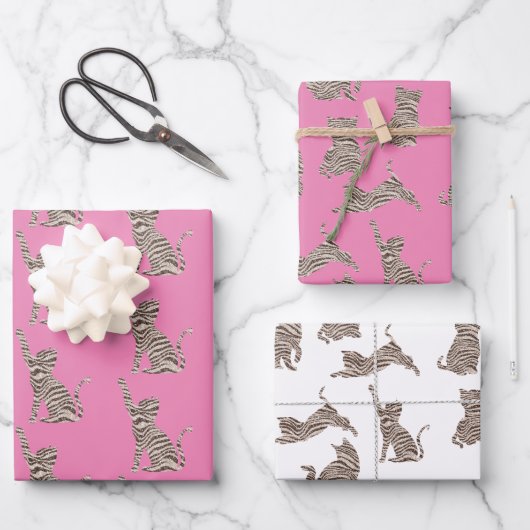 Bruine Crème Glitter Strepen Kat Inpakpapier Vel (Voorkant)