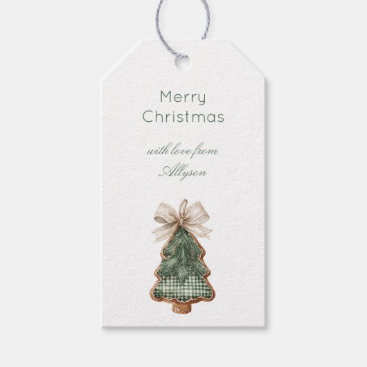 Bruine Crème Groen Kerstboom Lint Cadeaulabel (Voorkant)