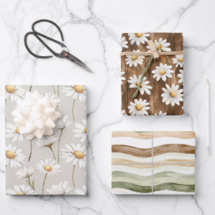 Bruine Crème Groen Strepen Madeliefje Bloemen Verj Inpakpapier Vel