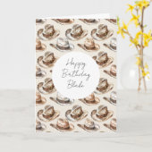 Bruine Crème Hoeden Avontuur Verjaardag Kaart (Gele Bloem)