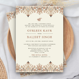 Bruine Crème Ikat Anand Karaj Sikh bruiloft Kaart