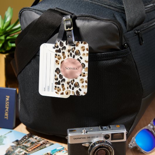 Bruine Crème Leopard Dier Roos Gouden Glam Bagagelabel (Voorkant & Achterkant)