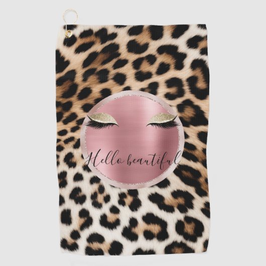 Bruine Crème Leopard Gouden Glitter Ogen Golfhanddoek (Voorkant)