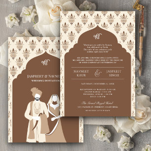 Bruine Crème Punjabi Anand Karaj Sikh Bruiloft Kaart
