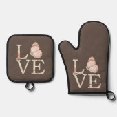 Bruine Crème Roze Liefde Vlinder Bloemen Ovenwant & Pannenlap Set (Voorkant)