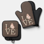 Bruine Crème Roze Liefde Vlinder Bloemen Ovenwant & Pannenlap Set (Voorkant / Achterkant)