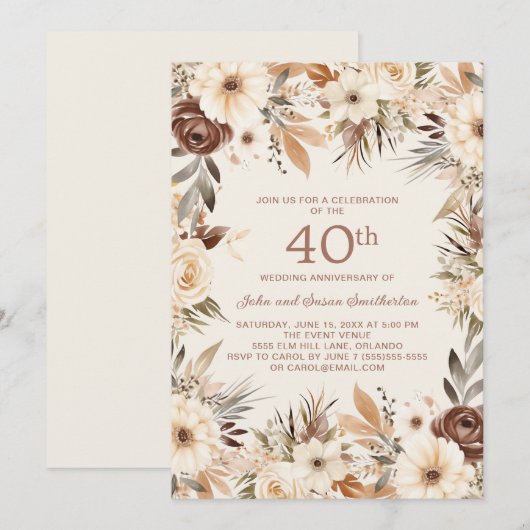 Bruine Crème Waterverf Floral 40e Jubileum Kaart (Voorkant / Achterkant)