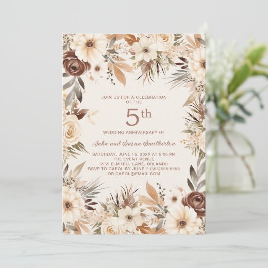 Bruine Crème Waterverf Floral Boho 5e Jubileum Kaart (Staand voorkant)