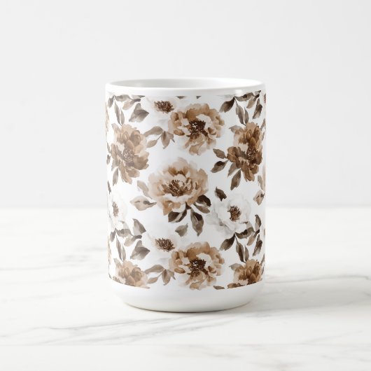 Bruine Crème Witte Bloemen Kerstmis Koffiemok (Center)