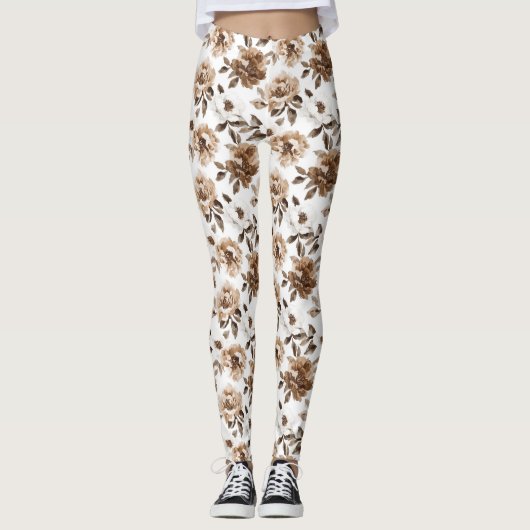 Bruine Crème Witte bloemen Leggings (Voorkant)