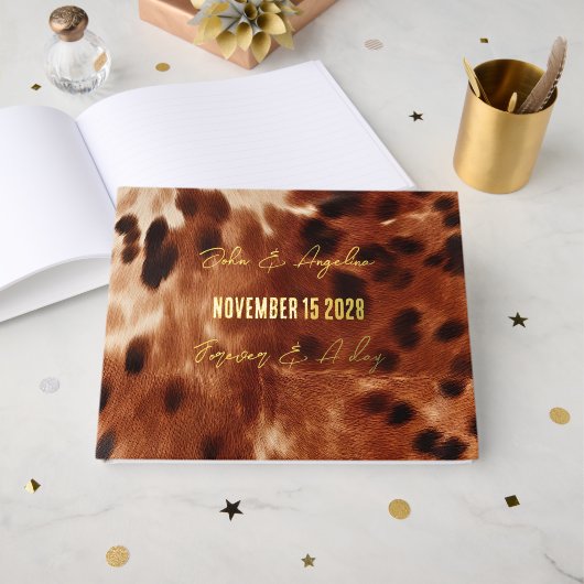 Bruine Crème Zwart Koeienhuid Wedding Gastenboek (Voorkant open)