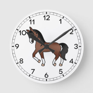 Bruine Cute Cartoon Dravende Paard Illustratie Ronde Klok