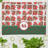 Bruine Dachshond Patroon Monogram Kerstmis Hond Theedoek (Gevouwen)