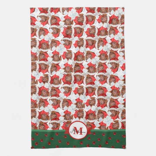Bruine Dachshond Patroon Monogram Kerstmis Hond Theedoek (Verticaal)