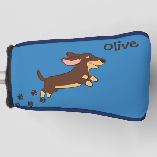 Bruine Dachshund Hardlopen Blauw Design Golfheadcover (Voorkant)