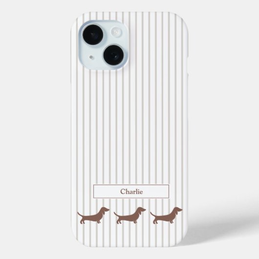 Bruine Dachshunds op Beige Strepen Aangepaste Naam Case-Mate iPhone Case (Achterkant)