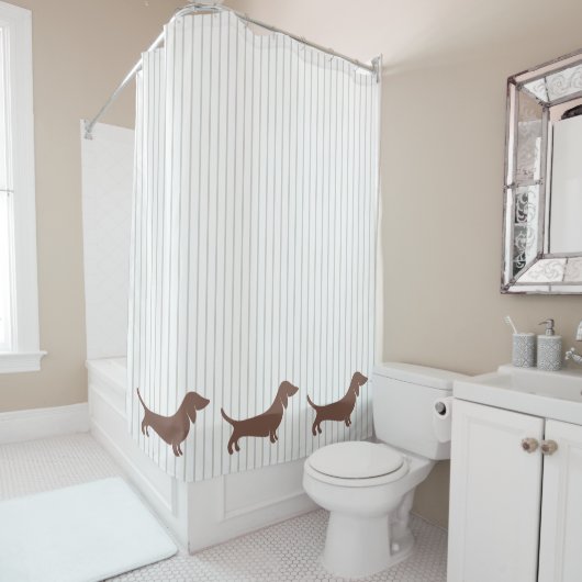 Bruine Dachshunds op Beige Stripes Douchegordijn (In situ)