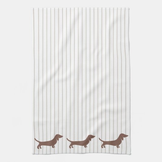 Bruine Dachshunds op Beige Stripes Theedoek (Verticaal)