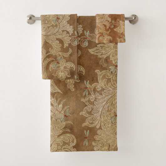   bruine Damask Floral Blauwgroen libellen Bad Handdoek (Insitu)