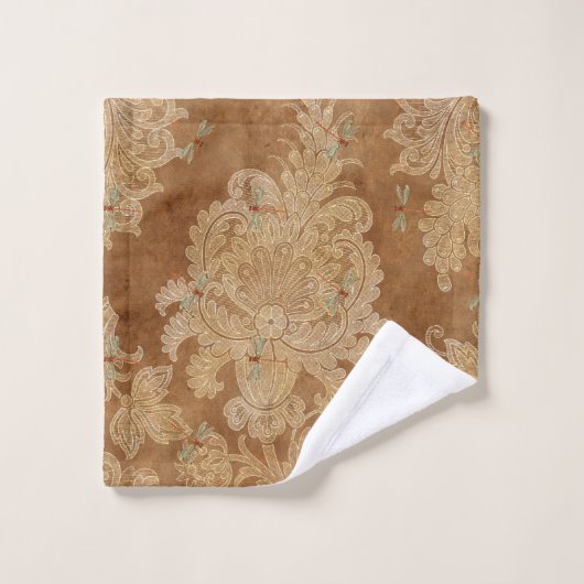   bruine Damask Floral Blauwgroen libellen Bad Handdoek (Wasdoekje)