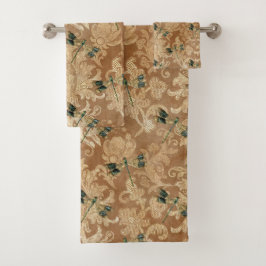  bruine Damask Floral Green Dragonflies Bad Handdoek