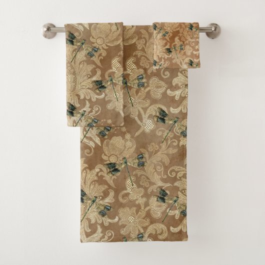 bruine Damask Floral Green Dragonflies Bad Handdoek (Insitu)