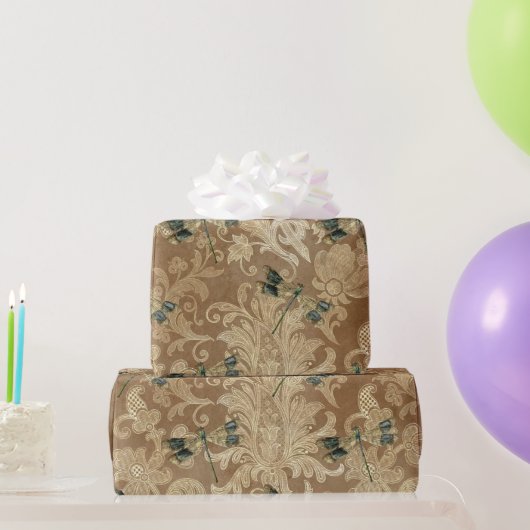 bruine Damask Floral Green Dragonflies Cadeaupapier (Feestgeschenken)