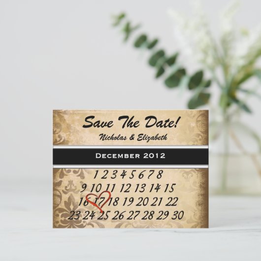 Bruine Damask Save the Date Aankondigingskaart (Staand voorkant)