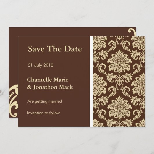 Bruine Damast Save The Date Kaart (Voorkant / Achterkant)