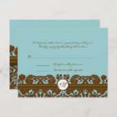 Bruine Damast Trouw Monogram Reactiekaart RSVP Kaartje (Voorkant / Achterkant)