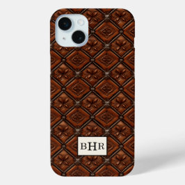 Bruine diamant lederen monogram iPhone 15 mini hoesje