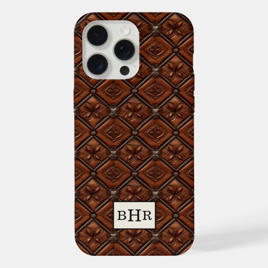 Bruine diamant lederen monogram iPhone hoesje (Achterkant)