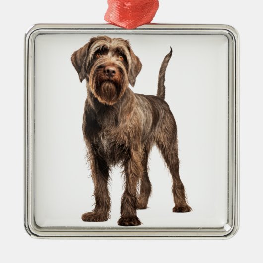 BRUINE DRAADHARIGE WIJZENDE GRIFFON HOND METALEN ORNAMENT (Voorkant)