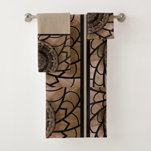 Bruine en beige abstracte bloem badhanddoek set bad handdoek (Insitu)