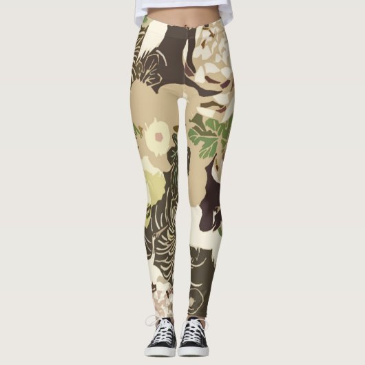  bruine en beige bloemen en vogels leggings (Voorkant)