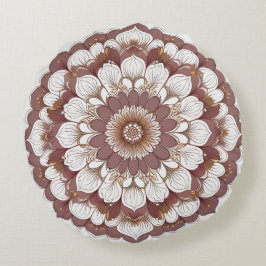 Bruine en beige bloemrijke Mandala-wandkunstprint Rond Kussen