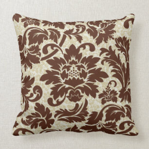 Bruine en beige vintage bloemdamast kussen