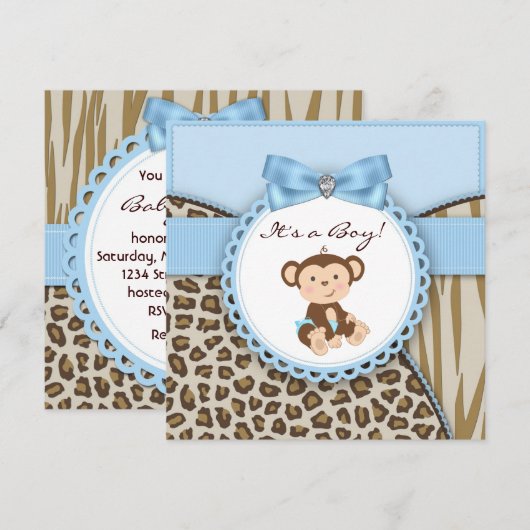 Bruine en blauwe aap Baby Boy Shower Kaart (Voorkant / Achterkant)