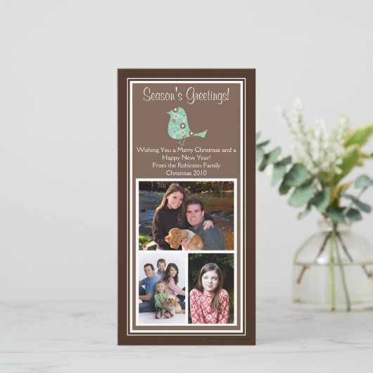 Bruine en blauwe bloemrijke vogel Kerst 3 foto kaa Feestdagenkaart (Staand voorkant)