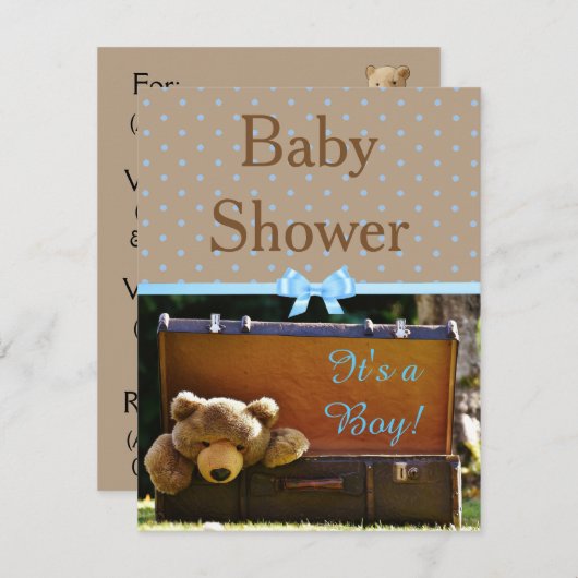 Bruine en blauwe teddybeer Baby shower uitnodiging (Voorkant / Achterkant)