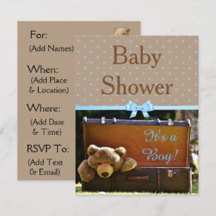 Bruine en blauwe teddybeer Baby shower uitnodiging